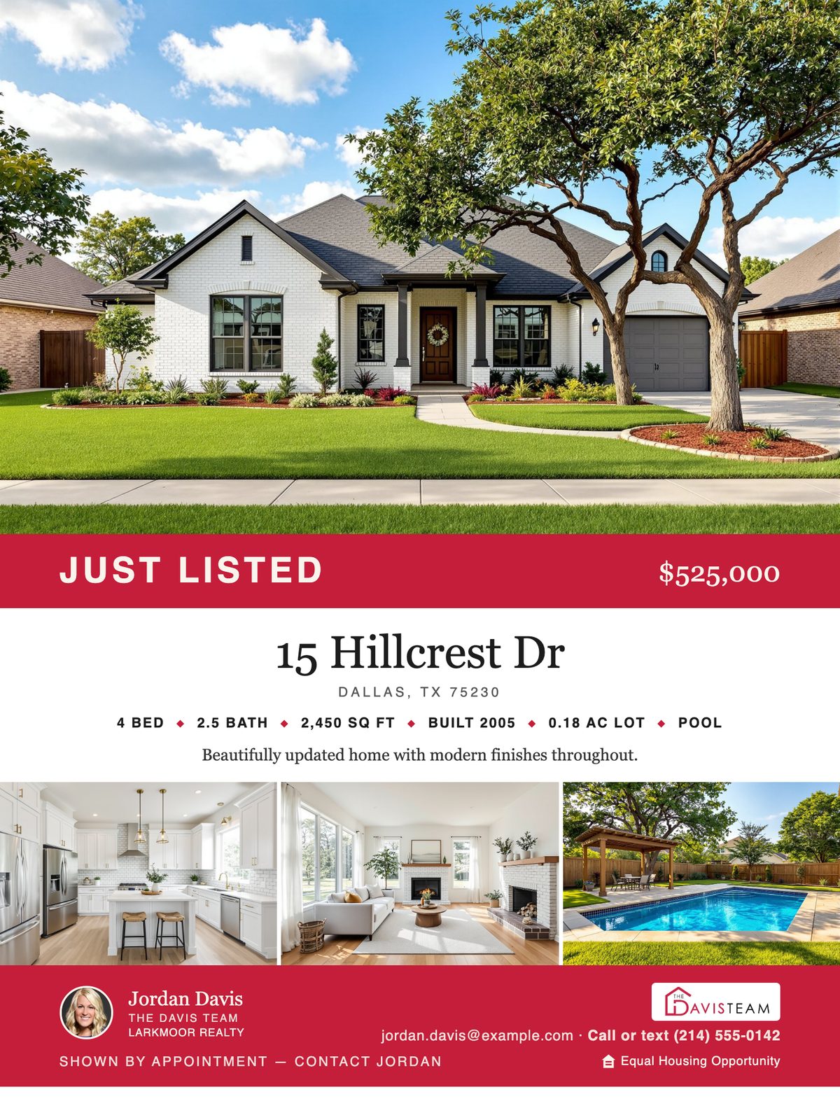 Just Listed flyer built by Get The Listing, Keep The Listing — hero photo, price banner, listing facts, and agent contact block